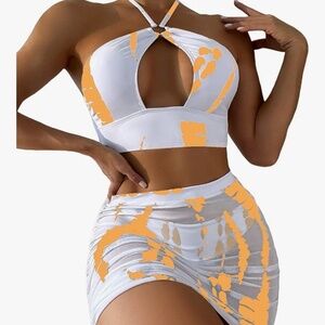 MakeMeChic Orange and White Halter Cutout Bikini Top and Cover Up Skirt